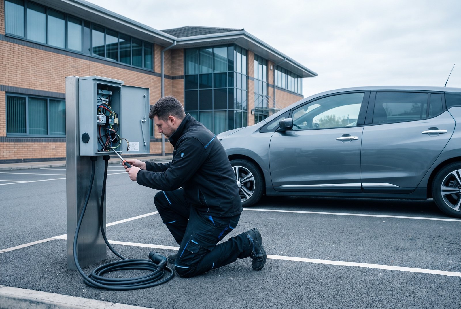 EV charge point being installed at a UK commercial car park - illustration