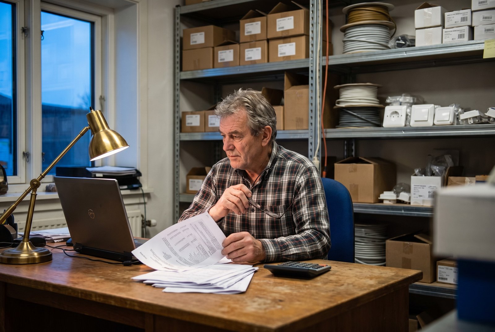 Electrical business owner reviewing accounts at a workshop desk - illustration