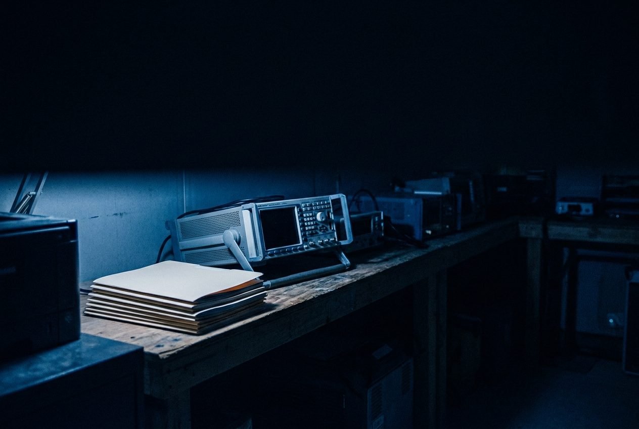 A neat stack of plain unlabelled document folders beside a test instrument in a dark site office