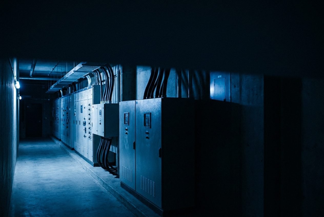 A row of commercial distribution boards along a plant room corridor