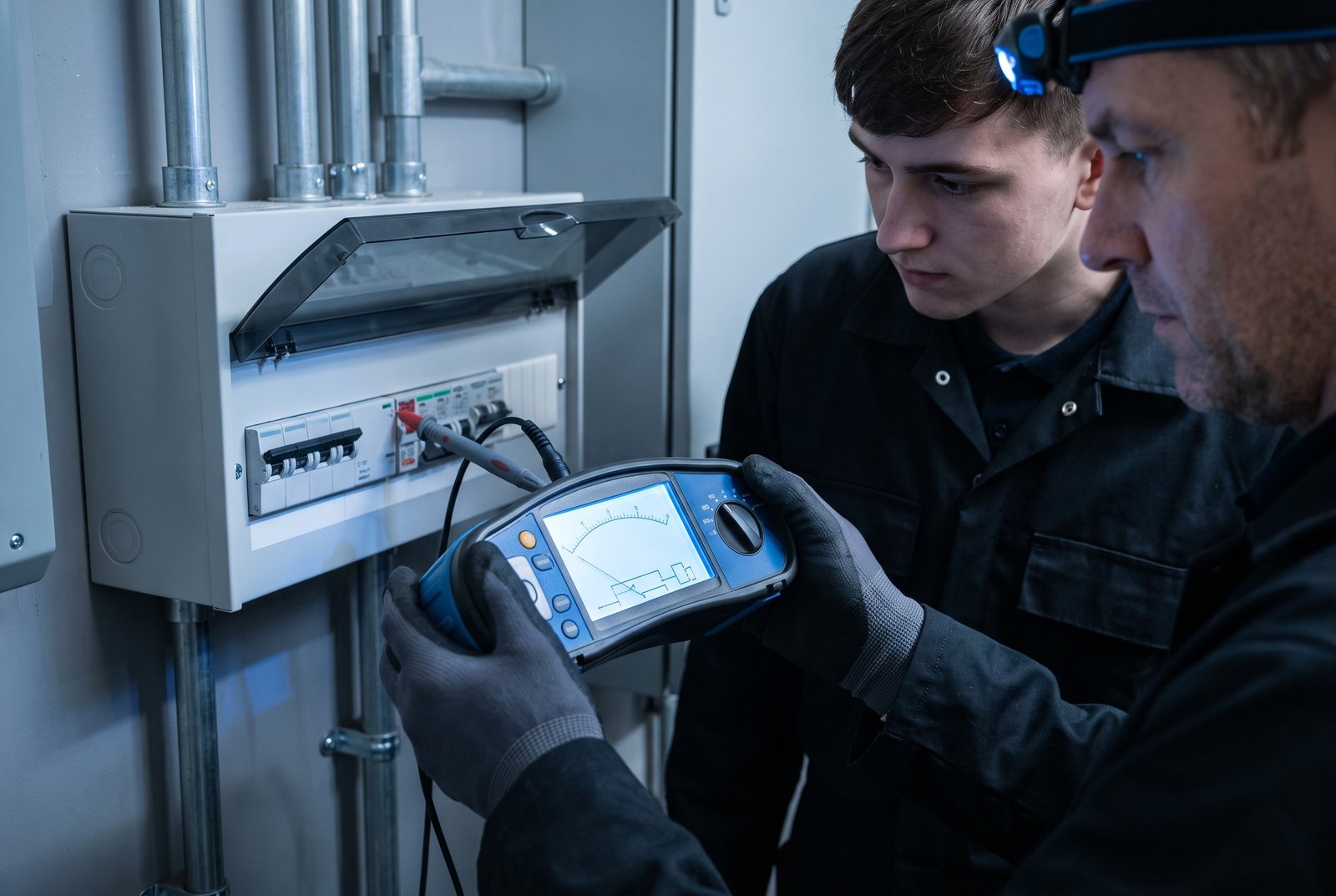 Qualified electrician and apprentice working on a distribution board - illustration