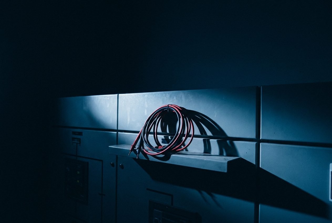 Test leads coiled on the ledge of a large commercial switchboard