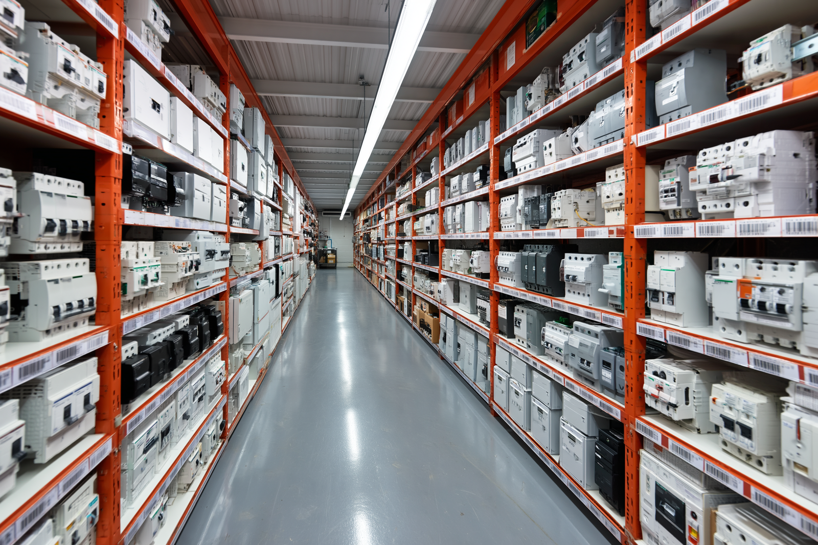 Interior of electrical company with consumer units and equipment